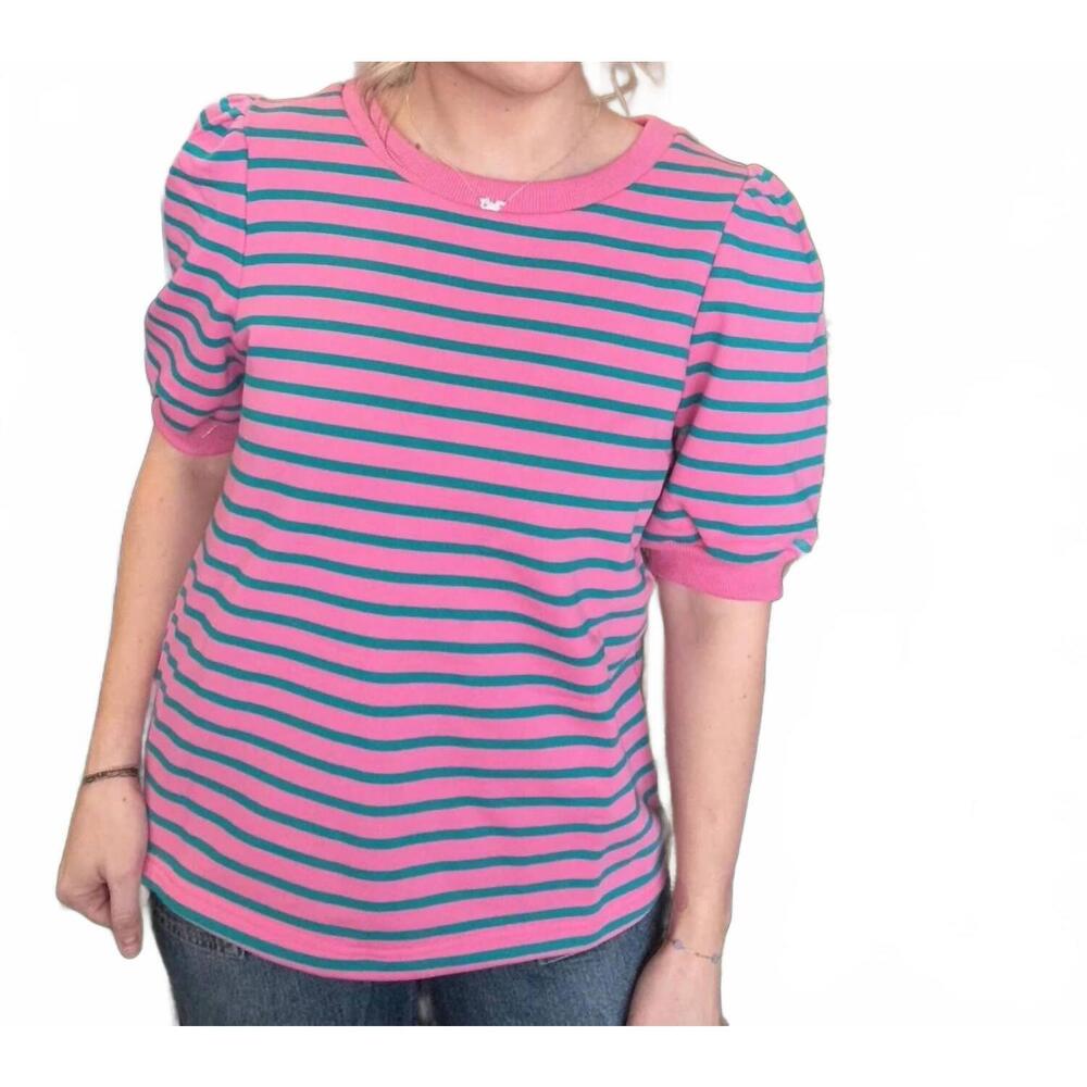 NEW ANNIEWEAR striped puff sleeve boutique top in pink & teal